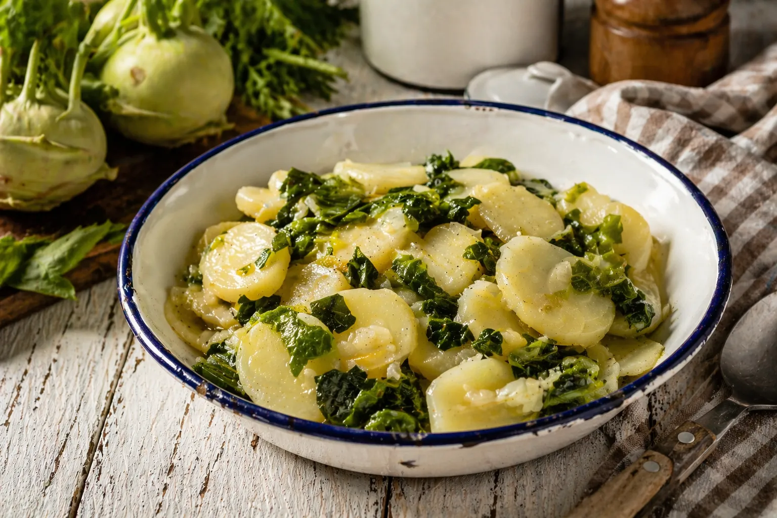 Gedünstete Kohlrabi in einer rustikalen Emaille-Schüssel auf weißem Holztisch mit Küchentuch