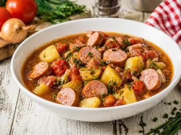 Gemüsetopf mit Bockwurst, Kartoffeln und Tomaten in weißer Schüssel auf hellem Holztisch angerichtet