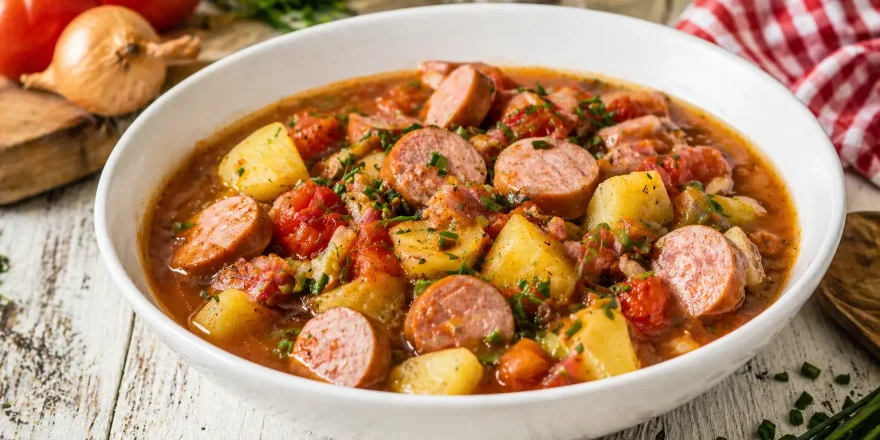 Gemüsetopf mit Bockwurst, Kartoffeln und Tomaten in weißer Schüssel auf hellem Holztisch angerichtet