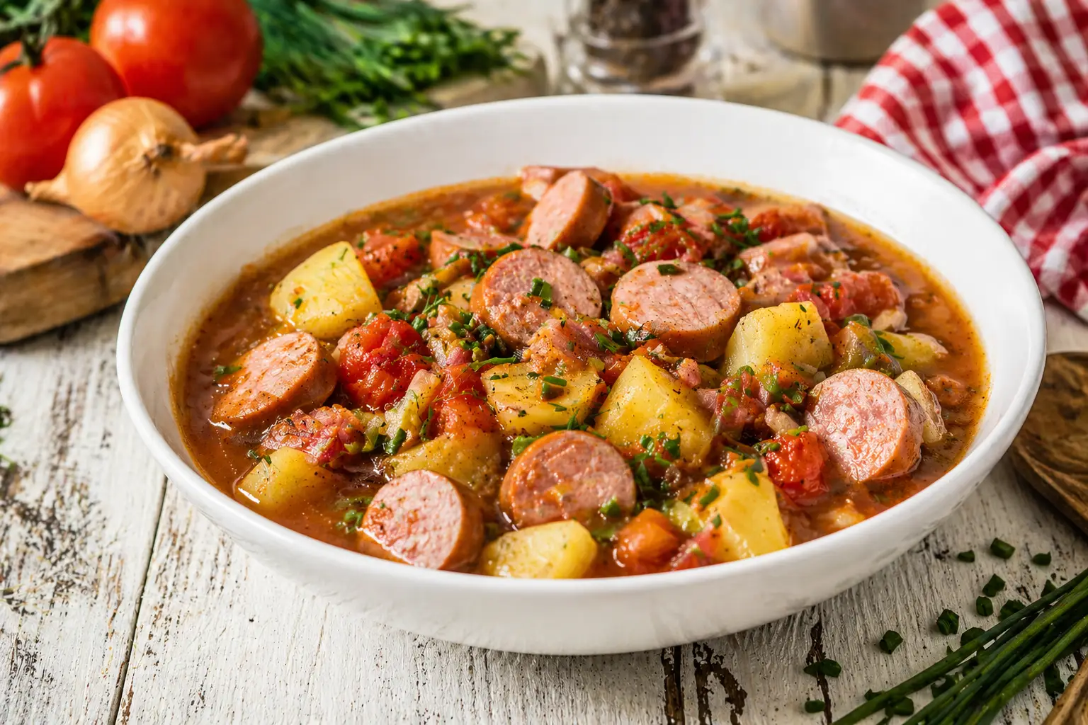 Gemüsetopf mit Bockwurst, Kartoffeln und Tomaten in weißer Schüssel auf hellem Holztisch angerichtet