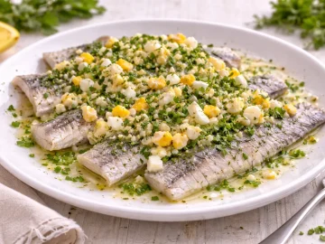 Heringsfilets mit gehacktem Ei und Kräutern in Marinade auf hellem Untergrund