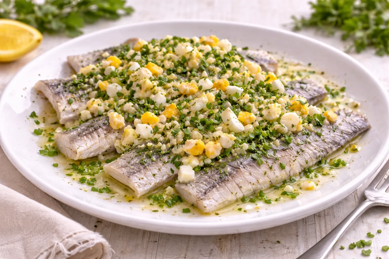 Heringsfilets mit gehacktem Ei und Kräutern in Marinade auf hellem Untergrund