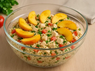 Indischer Geflügelsalat mit Reis, Geflügel, Tomaten und Pfirsichen in einer modernen Glasschüssel