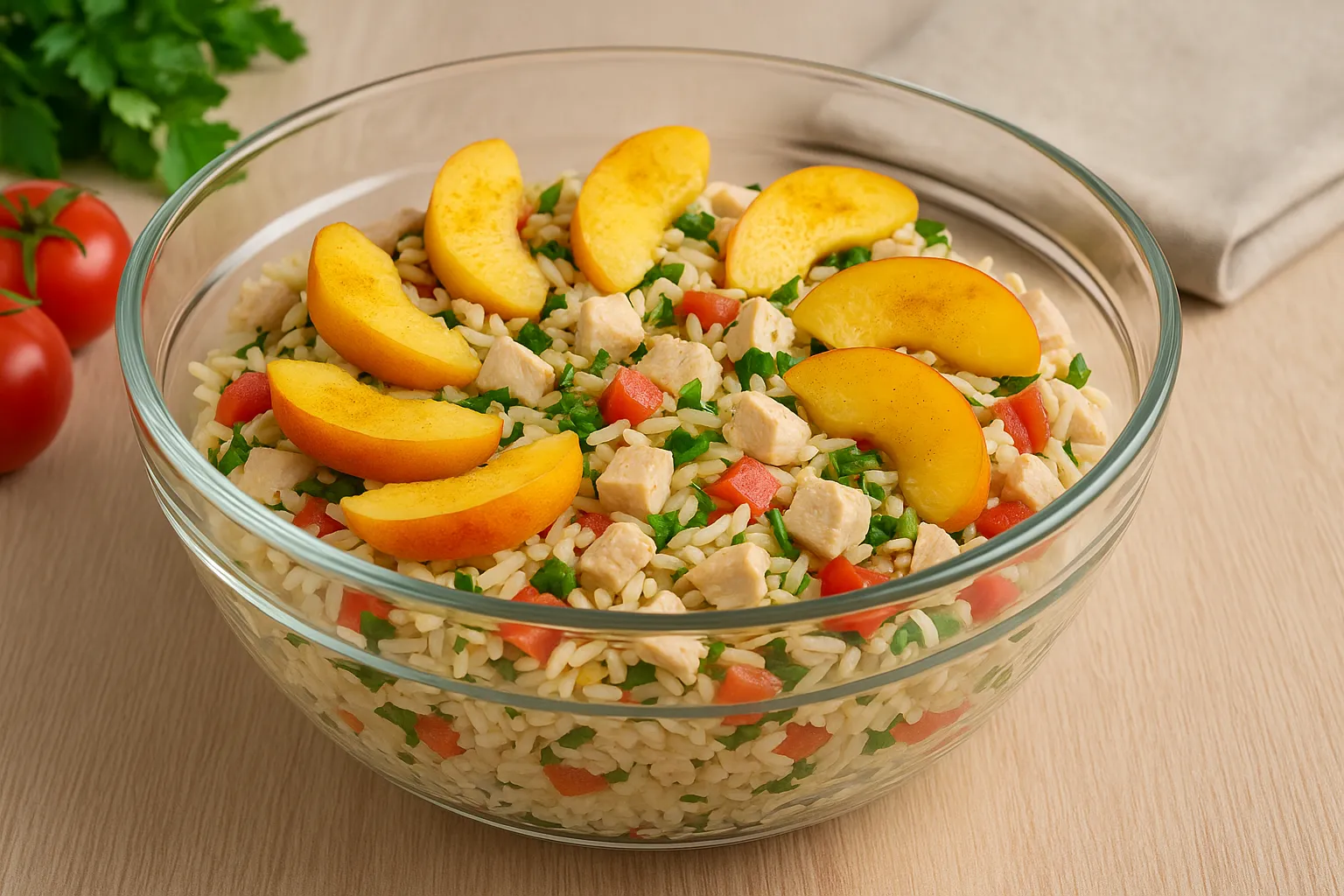 Indischer Geflügelsalat mit Reis, Geflügel, Tomaten und Pfirsichen in einer modernen Glasschüssel