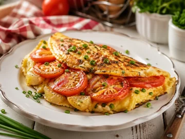 Goldbraunes Kartoffel-Tomaten-Omelett auf weißem Teller mit Schnittlauch und rustikalem Holztisch