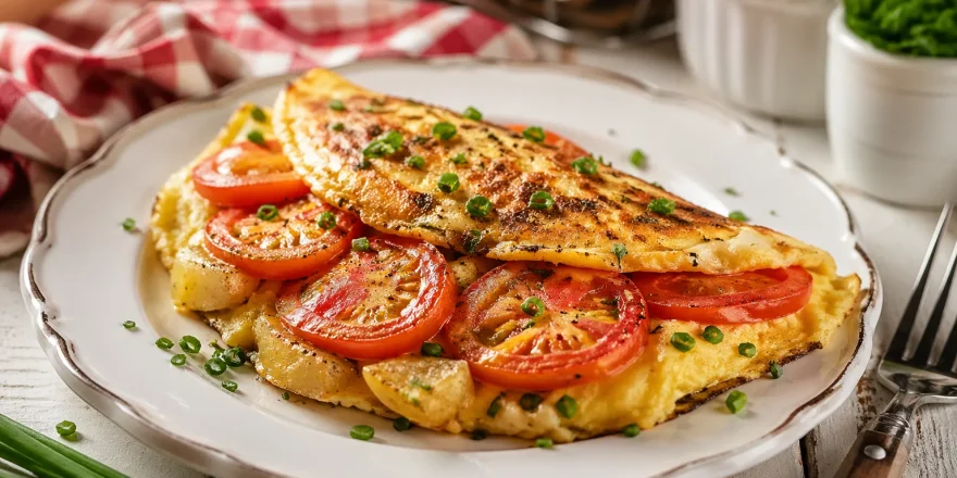 Goldbraunes Kartoffel-Tomaten-Omelett auf weißem Teller mit Schnittlauch und rustikalem Holztisch
