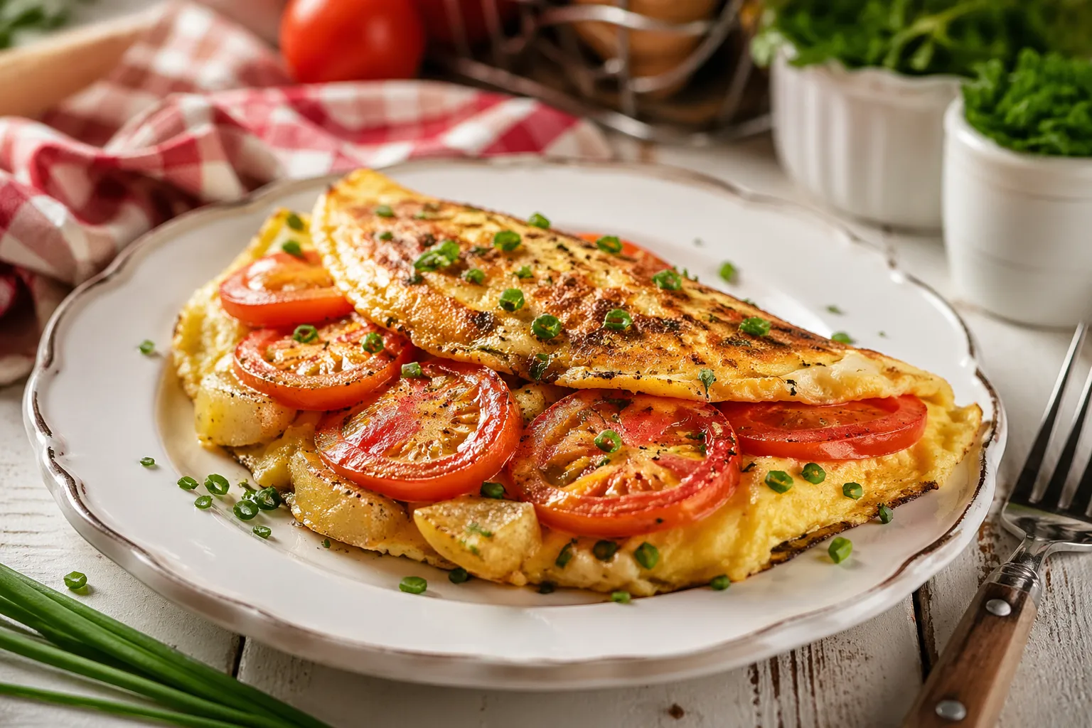 Goldbraunes Kartoffel-Tomaten-Omelett auf weißem Teller mit Schnittlauch und rustikalem Holztisch