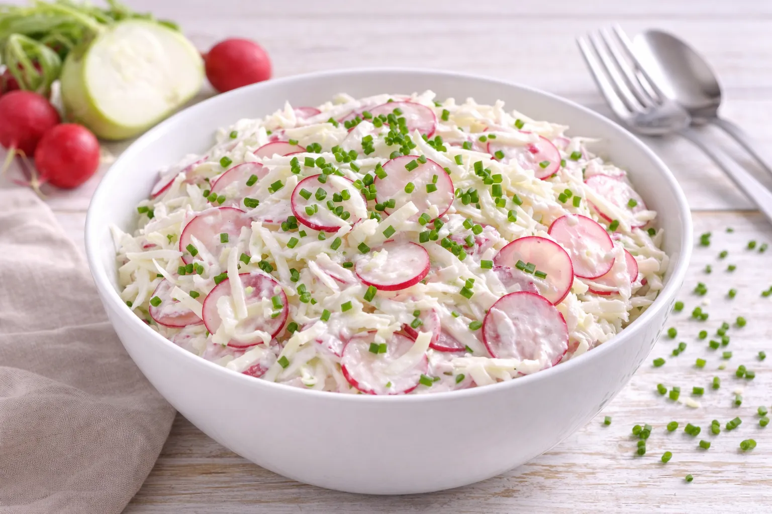 Kohlrabi-Radieschen-Salat mit Joghurt-Dressing und Schnittlauch in einer weißen Salatschüssel auf hellem Holztisch