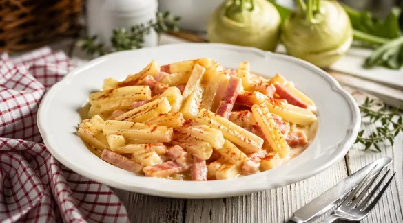 Kohlrabi mit Schinken in cremiger Soße auf weißem Teller angerichtet