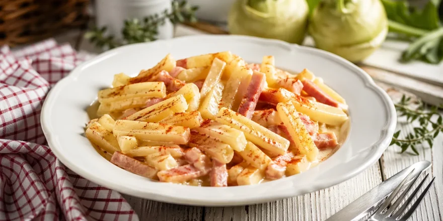 Kohlrabi mit Schinken in cremiger Soße auf weißem Teller angerichtet