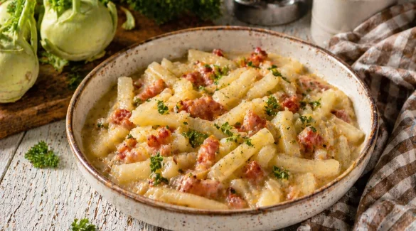 Kohlrabigemüse mit Speck in rustikaler Schüssel auf weißem Holztisch mit Kräutern und Küchentuch