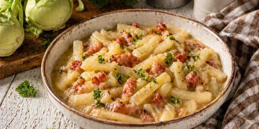 Kohlrabigemüse mit Speck in rustikaler Schüssel auf weißem Holztisch mit Kräutern und Küchentuch