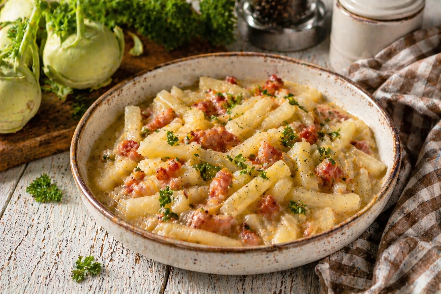 Kohlrabigemüse mit Speck in rustikaler Schüssel auf weißem Holztisch mit Kräutern und Küchentuch
