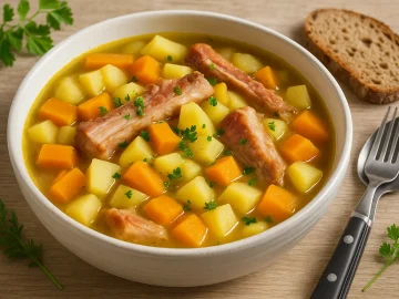 Kohlrübeneintopf mit Kaßlerrippchen, Kartoffeln und Petersilie in weißer Schüssel auf hellem Holztisch mit Brot und Besteck