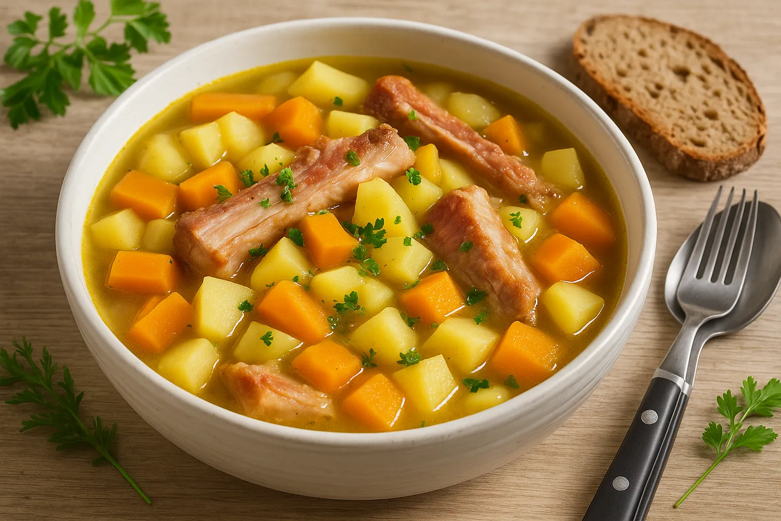 Kohlrübeneintopf mit Kaßlerrippchen, Kartoffeln und Petersilie in weißer Schüssel auf hellem Holztisch mit Brot und Besteck