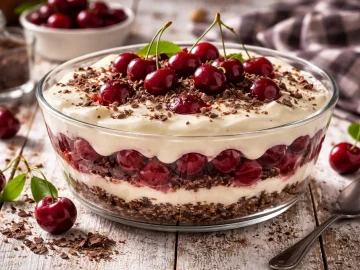 Quarkspeise mit Kirschen, Schokolade und Vanillesoße in einer Glasschale auf rustikalem Holztisch