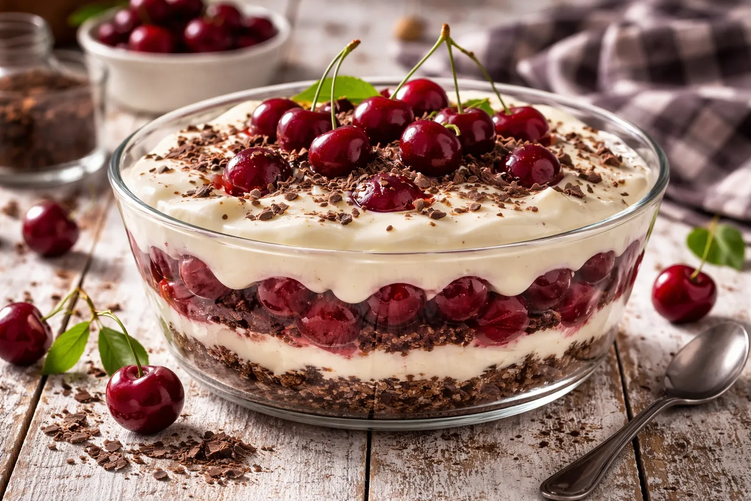 Quarkspeise mit Kirschen, Schokolade und Vanillesoße in einer Glasschale auf rustikalem Holztisch