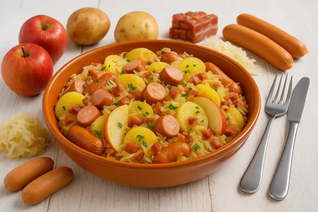  Lyoner Sauerkrauttopf mit Kartoffeln, Würstchen, Sauerkraut, Äpfeln und Speck in orangefarbener Schale, umgeben von frischen Zutaten auf weißem Holztisch.