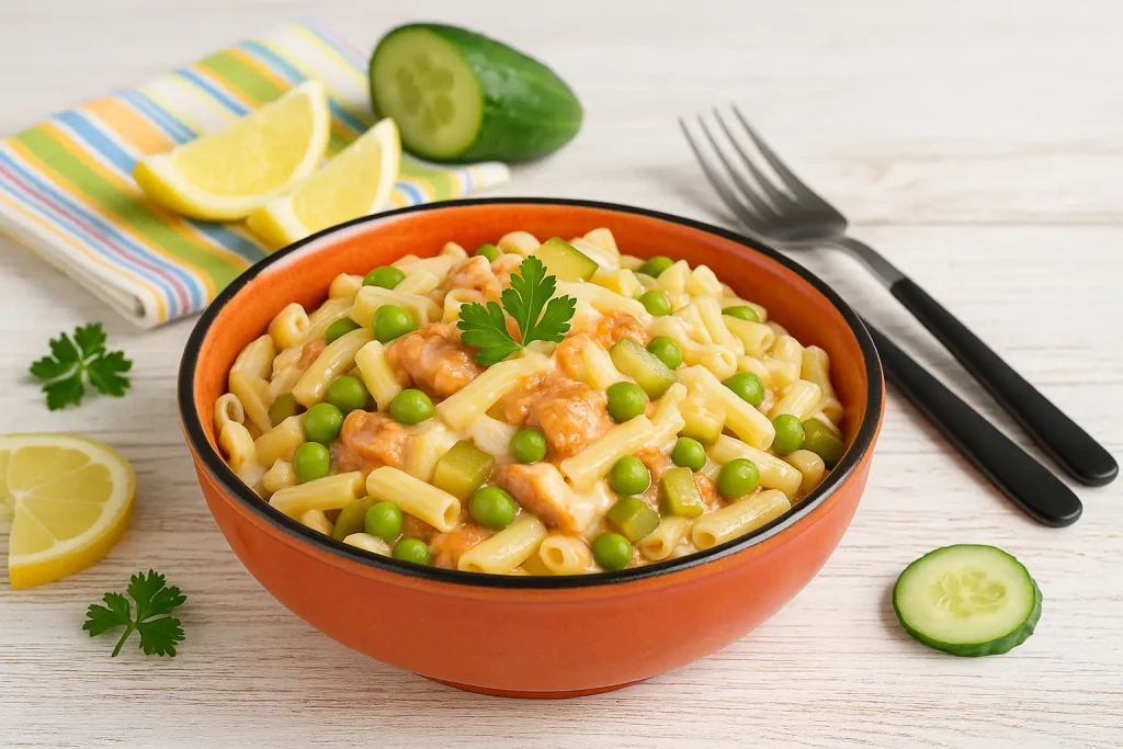 Mailänder Fischsalat mit Makkaroni, Hering, Erbsen und Gurken in roter Schüssel, garniert mit Kräutern auf weißem Holztisch mit Holzmaserung.