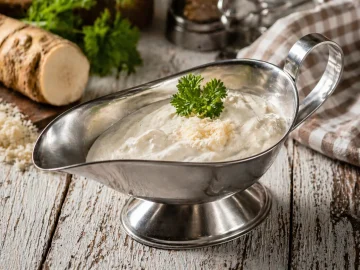 Meerrettichsahne in einer Edelstahl-Sauciere auf hellem Holztisch mit dekorativem Küchentuch