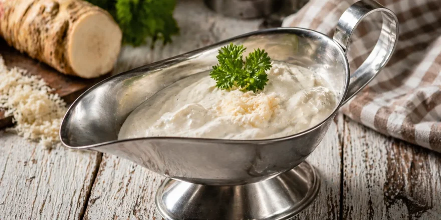 Meerrettichsahne in einer Edelstahl-Sauciere auf hellem Holztisch mit dekorativem Küchentuch