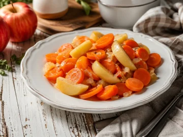 Möhren-Apfel-Gemüse auf weißem Teller mit frischen Möhrenscheiben und Apfelstücken auf rustikalem Holztisch
