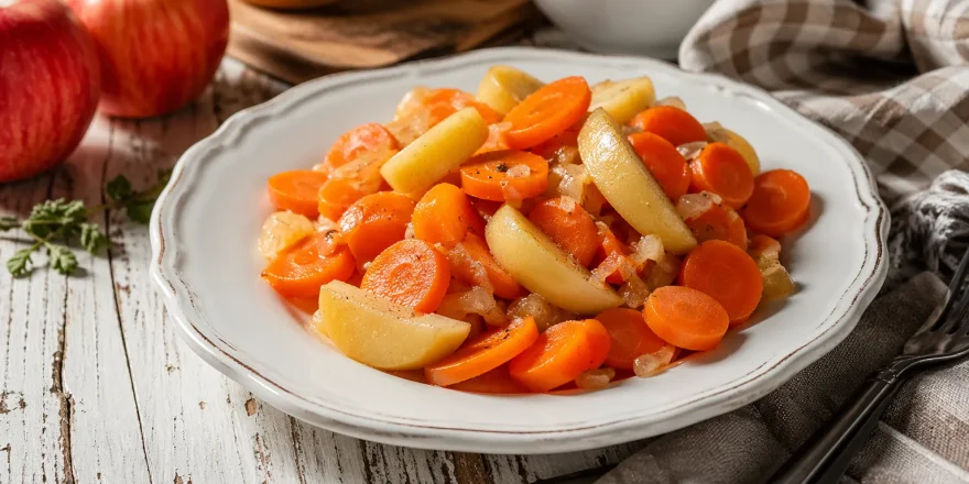 Möhren-Apfel-Gemüse auf weißem Teller mit frischen Möhrenscheiben und Apfelstücken auf rustikalem Holztisch