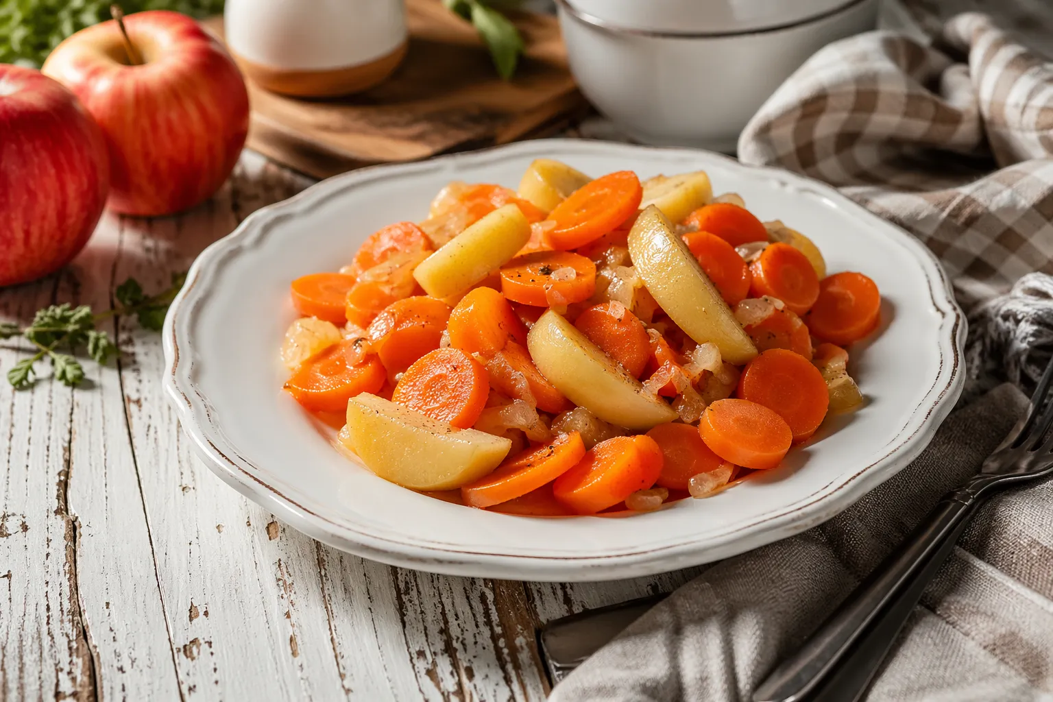 Möhren-Apfel-Gemüse auf weißem Teller mit frischen Möhrenscheiben und Apfelstücken auf rustikalem Holztisch