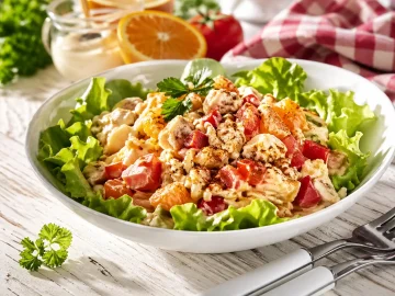 Geflügelsalat mit Reis, Paprika, Tomaten und Apfelsinen in cremigem Dressing in weißer Schüssel