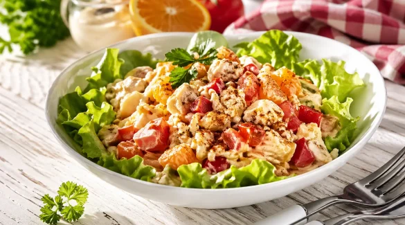 Geflügelsalat mit Reis, Paprika, Tomaten und Apfelsinen in cremigem Dressing in weißer Schüssel