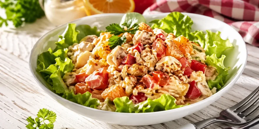 Geflügelsalat mit Reis, Paprika, Tomaten und Apfelsinen in cremigem Dressing in weißer Schüssel