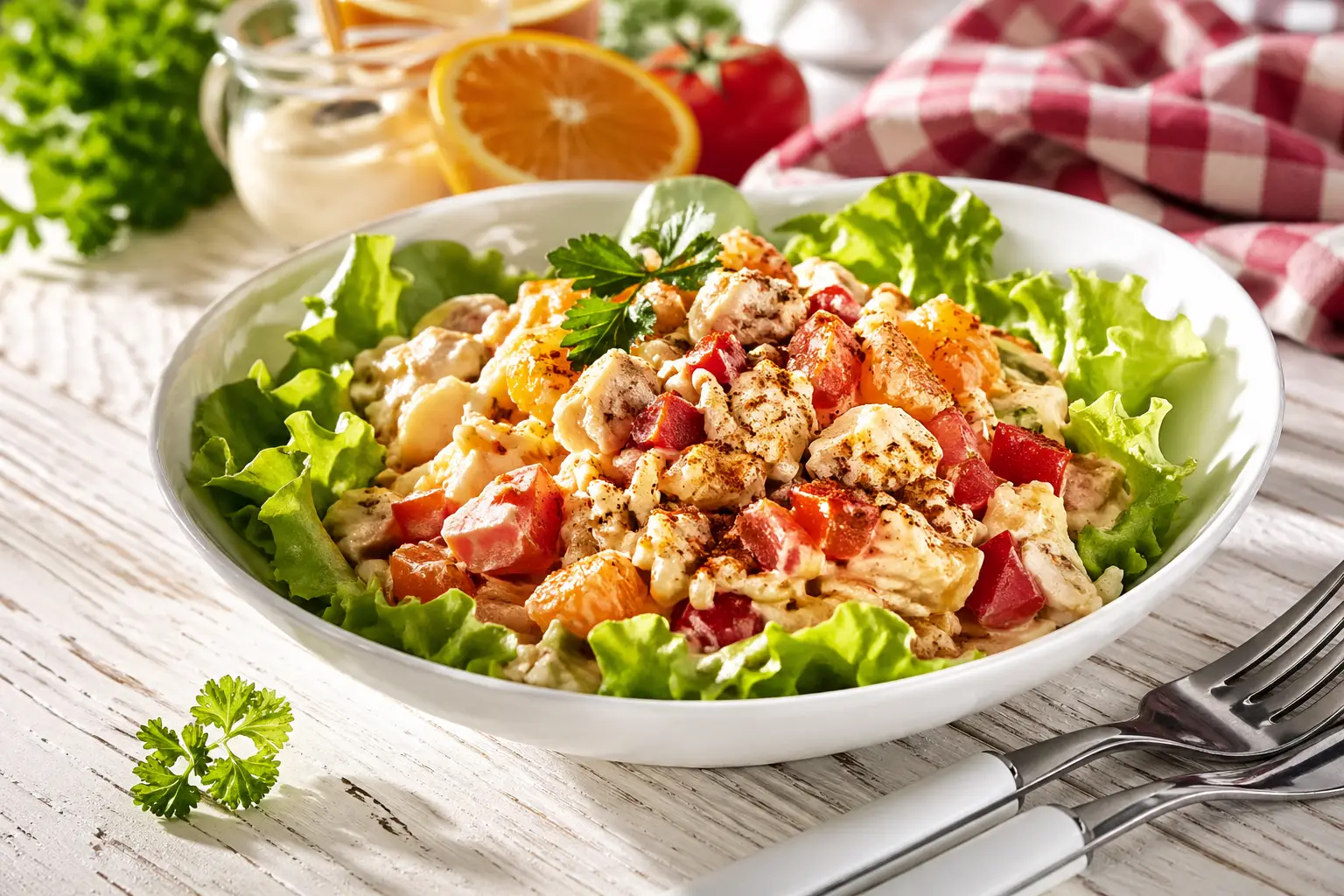 Geflügelsalat mit Reis, Paprika, Tomaten und Apfelsinen in cremigem Dressing in weißer Schüssel