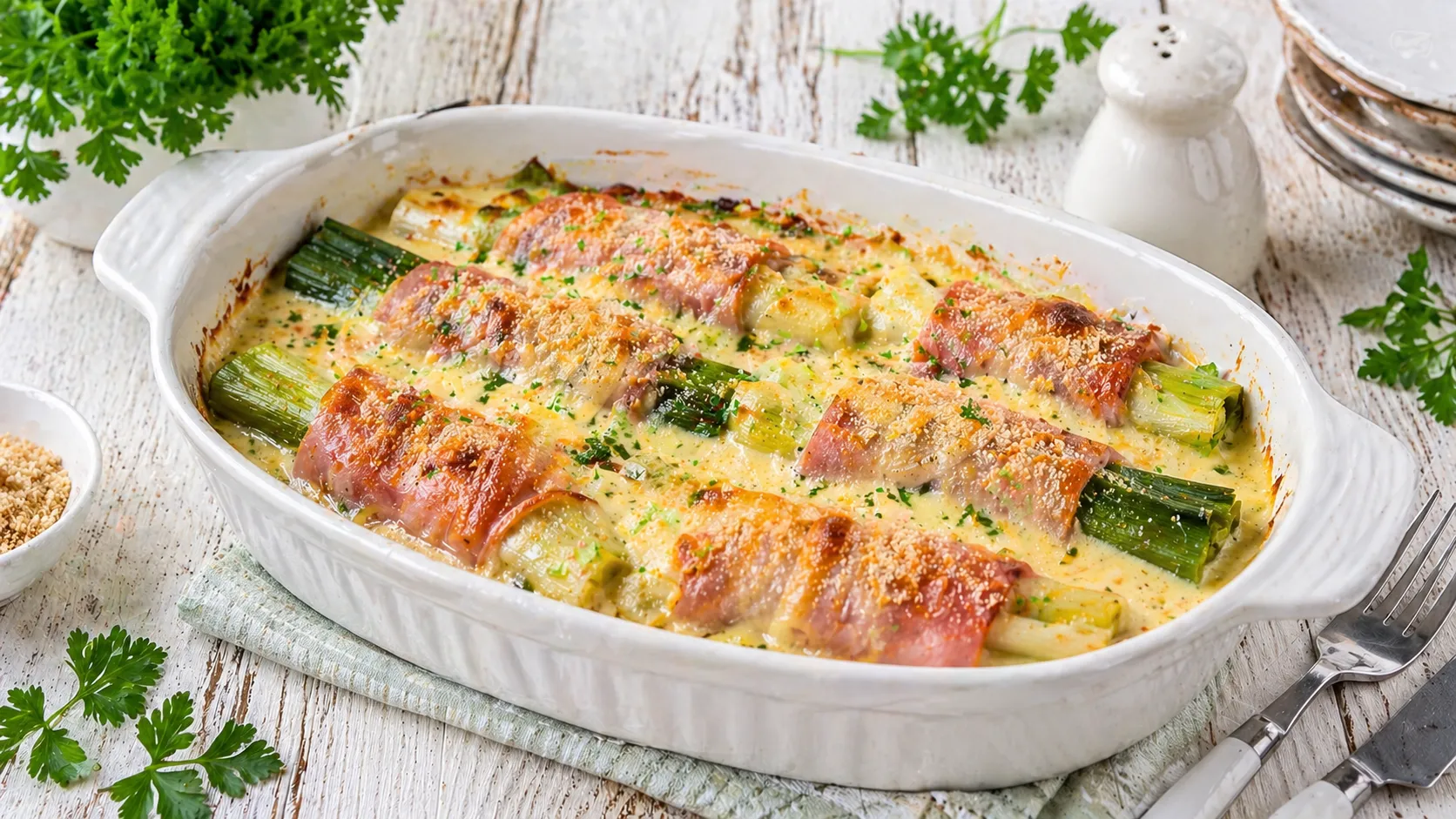 Überbackener Porree mit Schinken und cremiger Käsesoße in einer weißen Auflaufform auf hellem Holztisch angerichtet