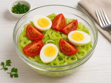 Porree-Tomaten-Salat mit Eiern in moderner Glasschüssel, angerichtet auf weißem Holzhintergrund