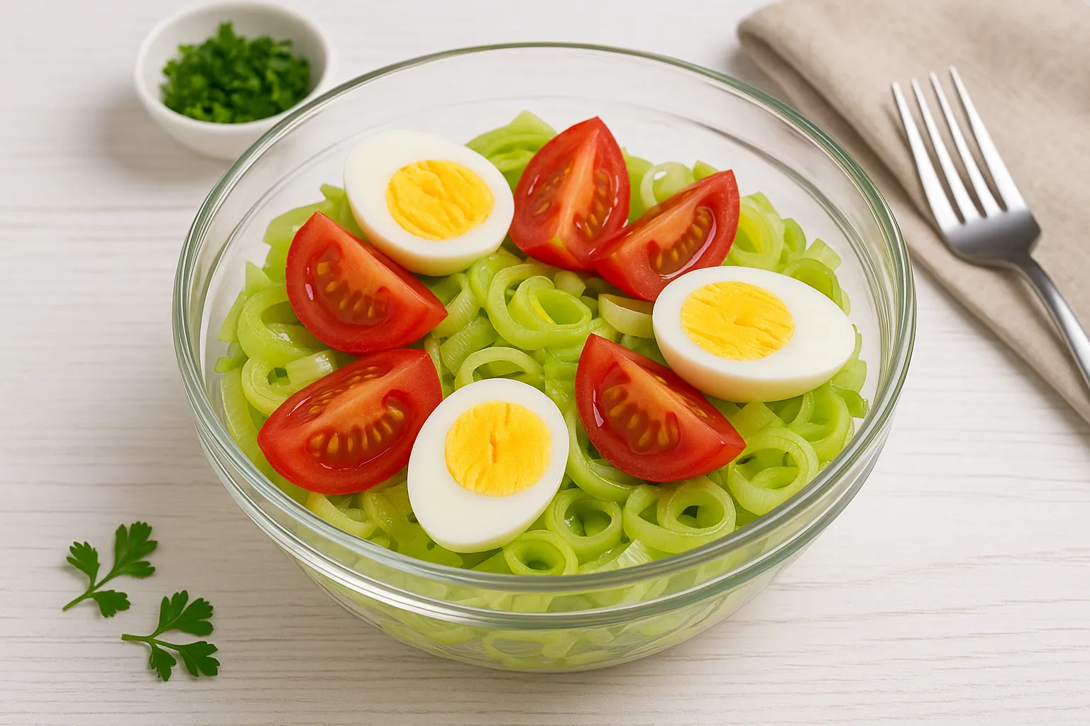 Porree-Tomaten-Salat mit Eiern in moderner Glasschüssel, angerichtet auf weißem Holzhintergrund