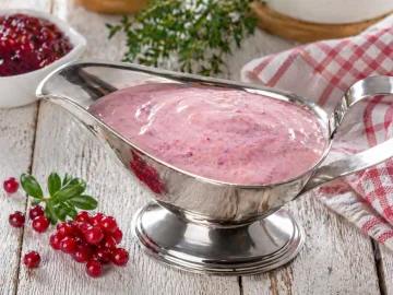 Edelstahl Sauciere mit cremiger Preiselbeermayonnaise auf hellem Holztisch mit rustikaler Dekoration