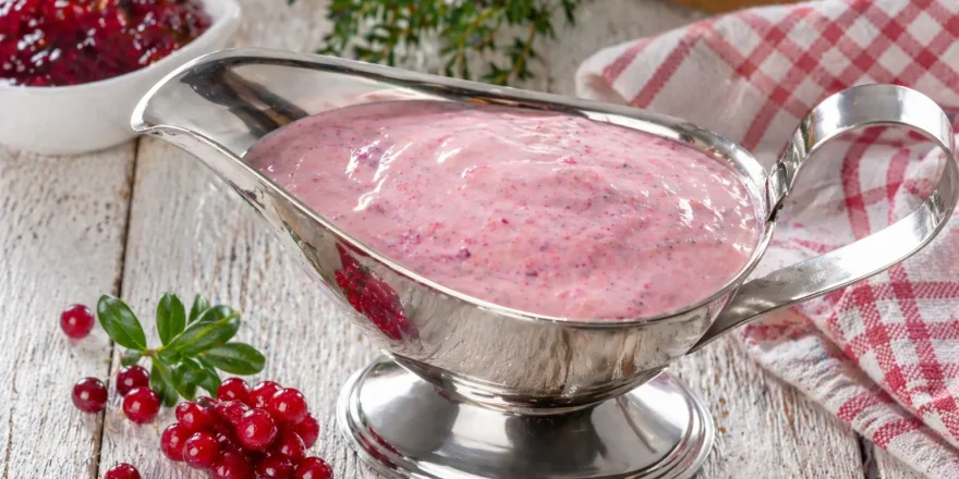 Edelstahl Sauciere mit cremiger Preiselbeermayonnaise auf hellem Holztisch mit rustikaler Dekoration