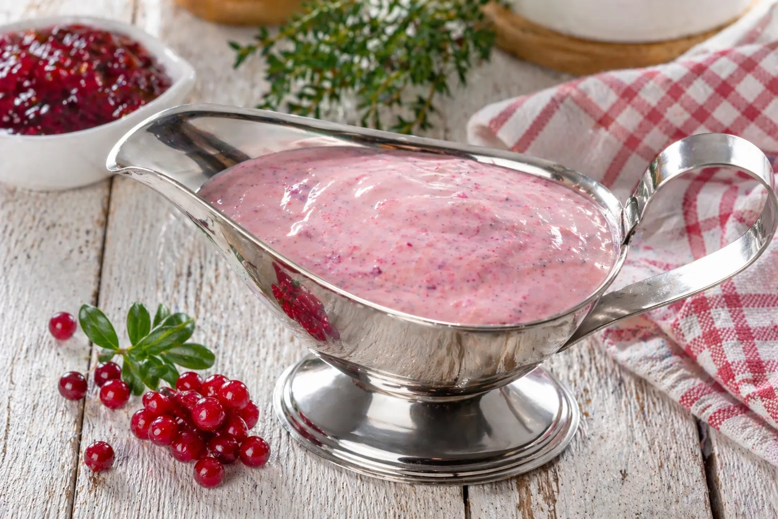Edelstahl Sauciere mit cremiger Preiselbeermayonnaise auf hellem Holztisch mit rustikaler Dekoration