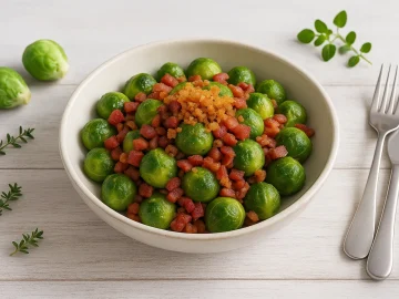 Weiße Schüssel mit Rosenkohl, Speck und gerösteten Semmelbröseln auf hellem Holzhintergrund