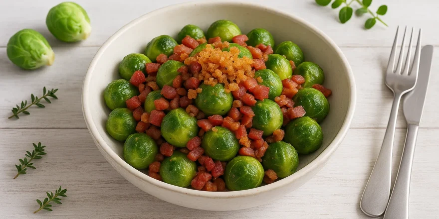 Weiße Schüssel mit Rosenkohl, Speck und gerösteten Semmelbröseln auf hellem Holzhintergrund