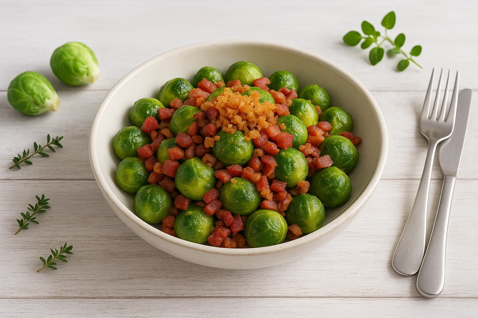 Weiße Schüssel mit Rosenkohl, Speck und gerösteten Semmelbröseln auf hellem Holzhintergrund