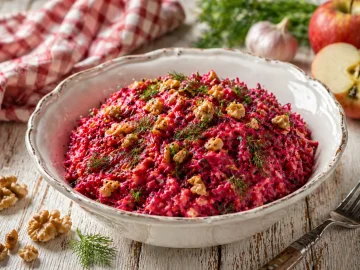 Russischer Rübensalat mit Walnüssen und Dill in weißer Schüssel auf rustikalem Holztisch