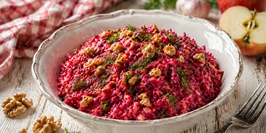 Russischer Rübensalat mit Walnüssen und Dill in weißer Schüssel auf rustikalem Holztisch