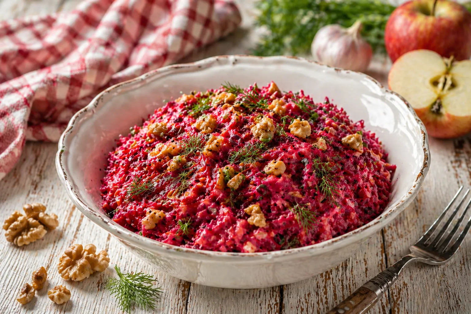 Russischer Rübensalat mit Walnüssen und Dill in weißer Schüssel auf rustikalem Holztisch