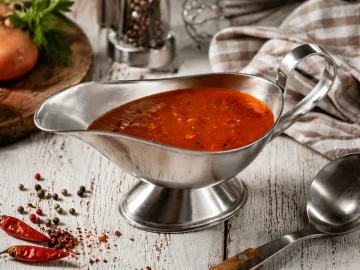 Scharfe Soße in einer Edelstahl-Sauciere auf rustikalem weißen Holztisch mit Küchenutensilien im Hintergrund