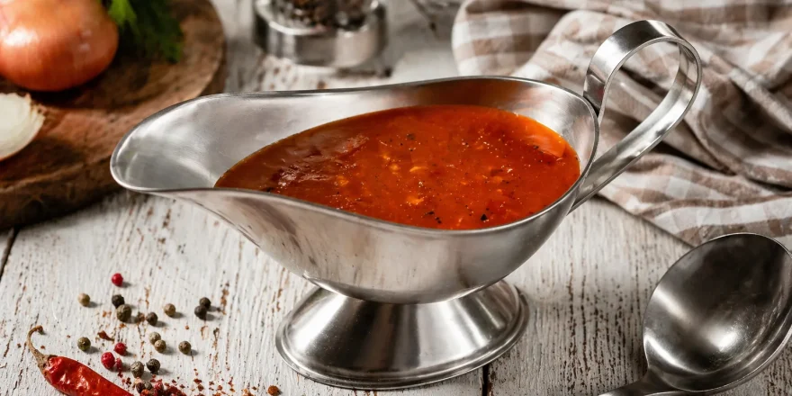 Scharfe Soße in einer Edelstahl-Sauciere auf rustikalem weißen Holztisch mit Küchenutensilien im Hintergrund