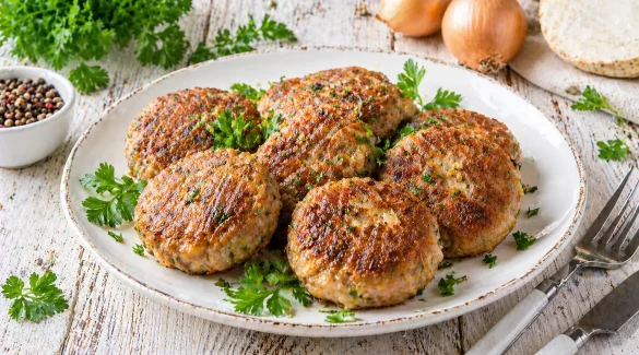 Selleriefrikadellen mit Hackfleisch knusprig gebraten auf weißem Teller mit Kräutern und rustikalem Holztisch