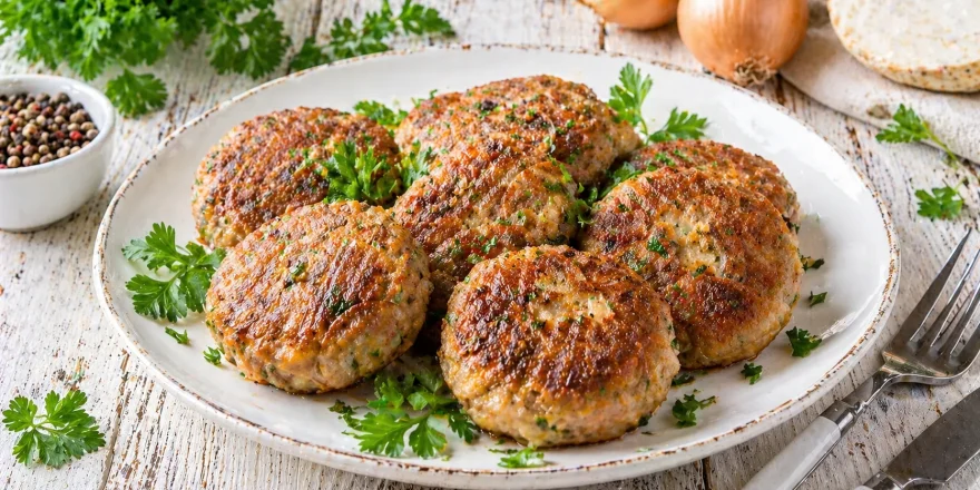 Selleriefrikadellen mit Hackfleisch knusprig gebraten auf weißem Teller mit Kräutern und rustikalem Holztisch