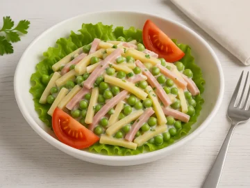 Sommerlicher Käsesalat mit Käse, Schinken, Äpfeln und Erbsen in weißer Schüssel auf Holzhintergrund
