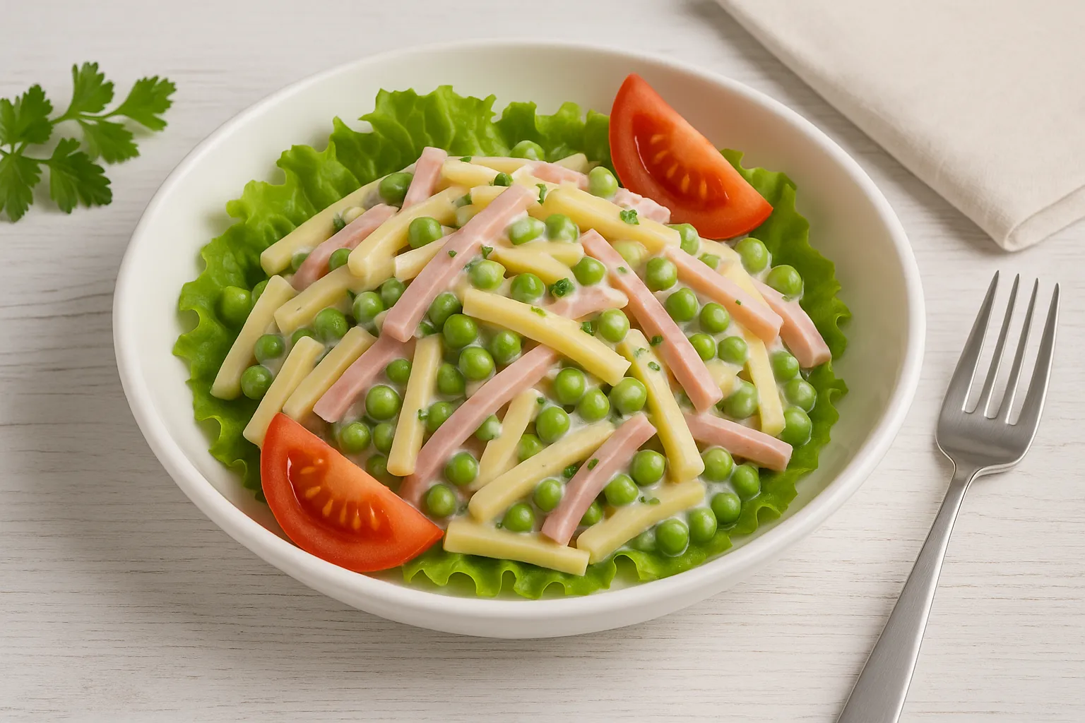 Sommerlicher Käsesalat mit Käse, Schinken, Äpfeln und Erbsen in weißer Schüssel auf Holzhintergrund